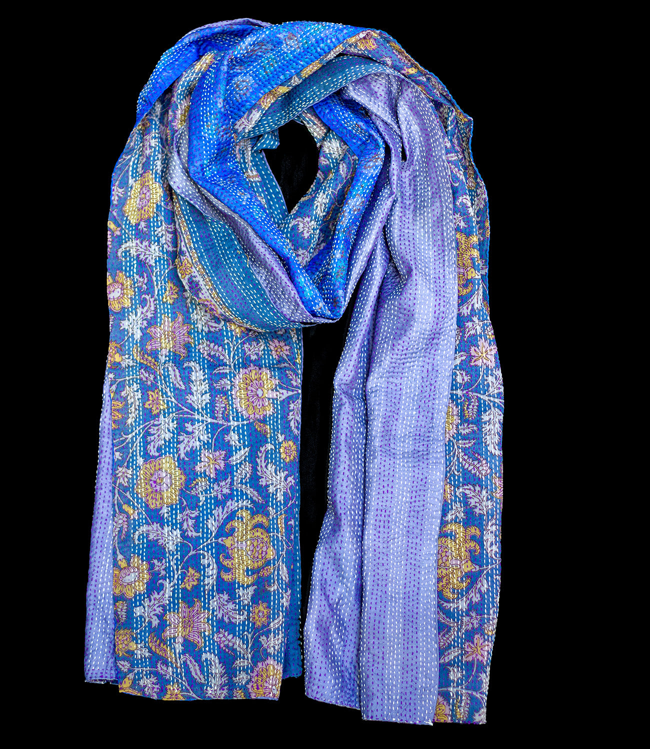 Kantha Sjaal zijde Lila-Blauw tweezijdig draagbaar