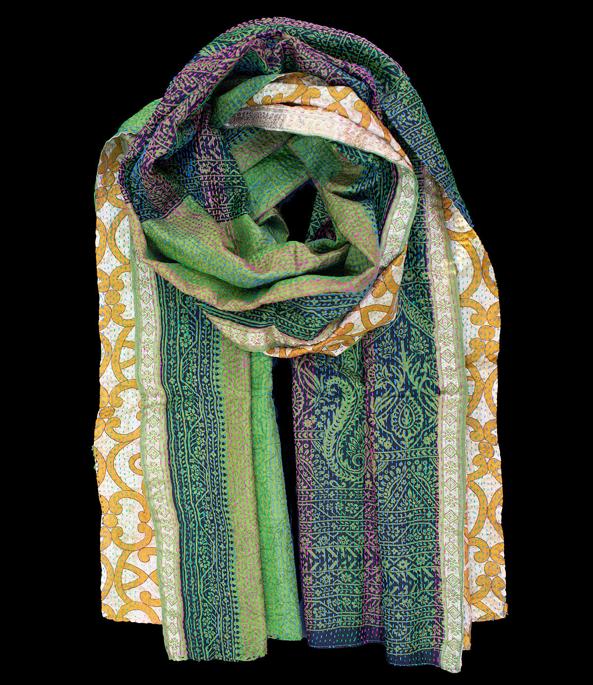 Kantha scarf recycled silk orange-green