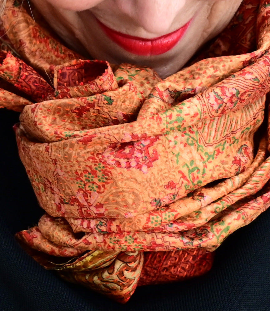 Kantha scarf recycled silk royal Orange