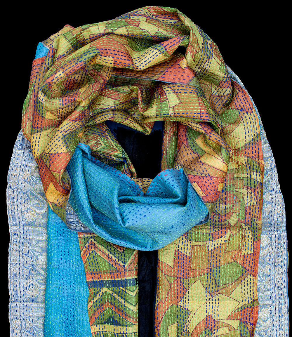 Kantha sjaal hergebruikte zijde Groen-Aqua