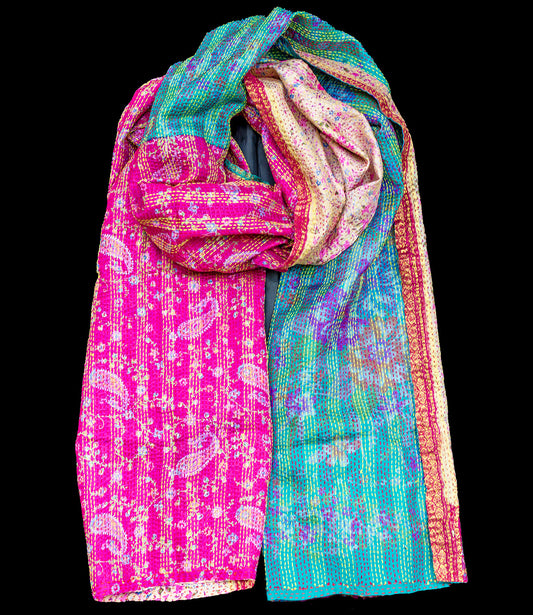 Kantha sjaal hergebruikte zijde Pink-Turquoise voor inkopers