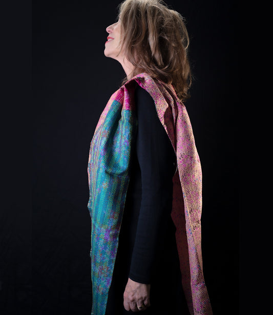 Kantha scarf recycled silk Pink-Blue