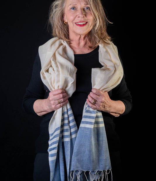 Sjaal biokatoen gestreept indigo of grijs