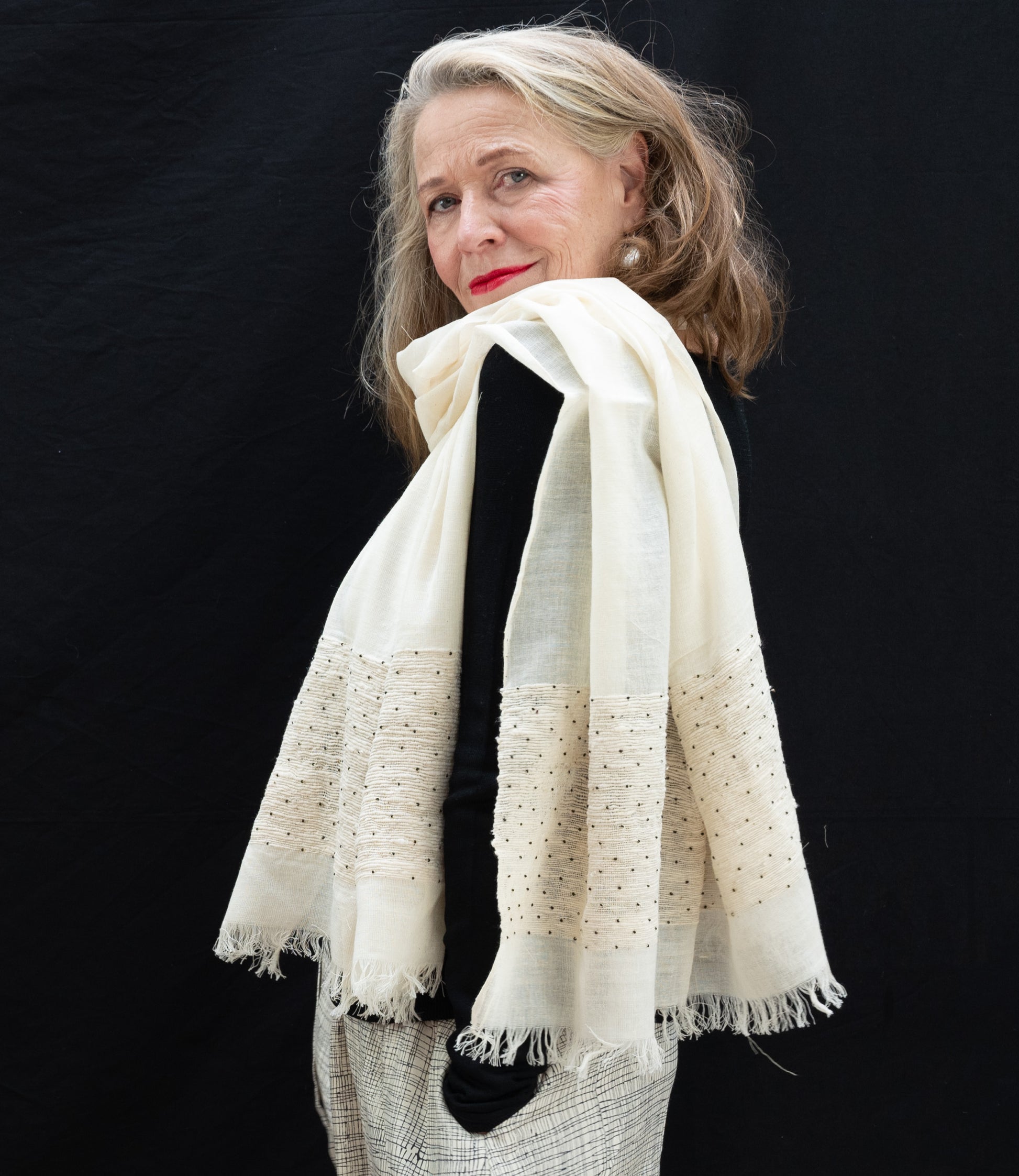 Ivory white scarf organic cotton with glass pearls