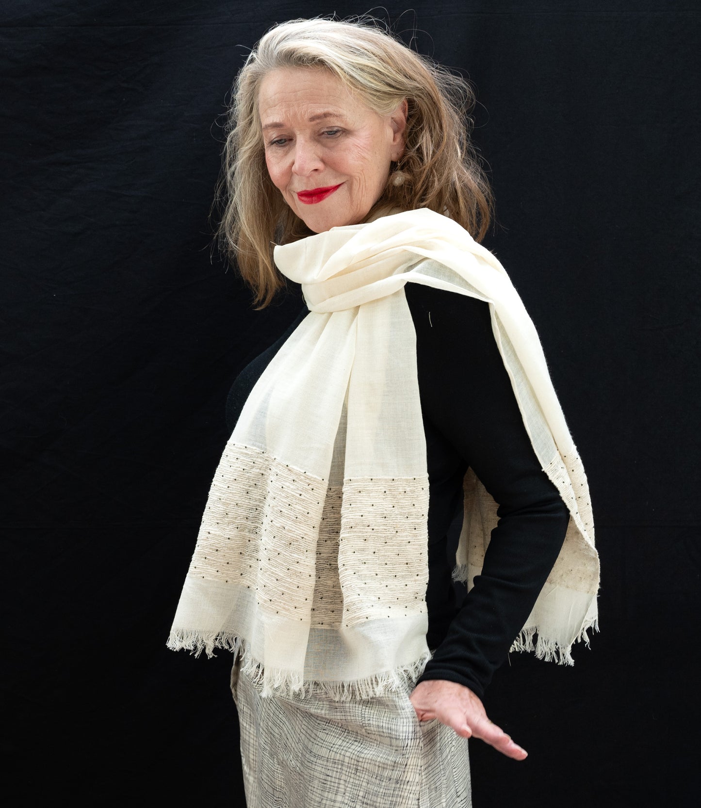 Ivory white scarf organic cotton with glass pearls