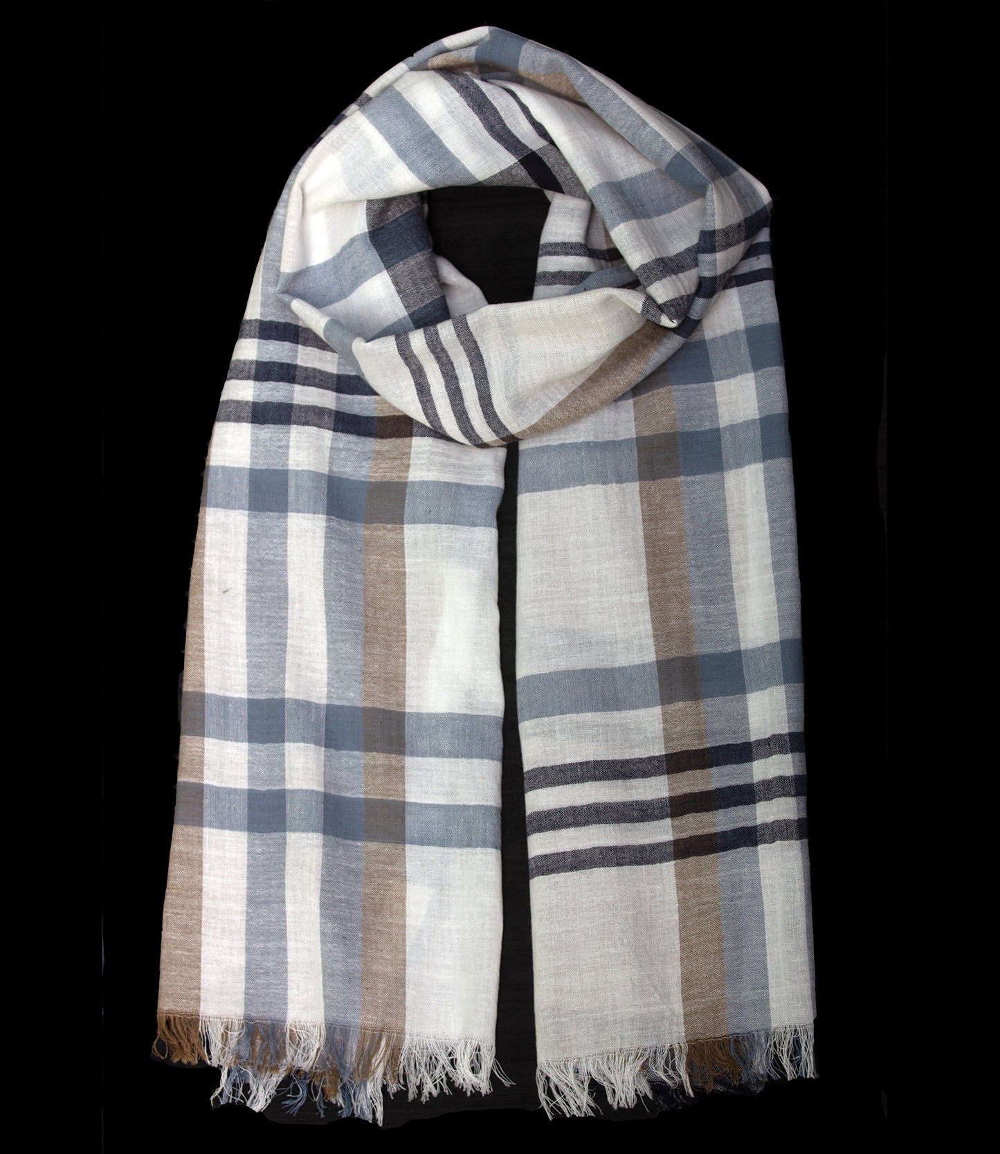 Scarf organic cotton, white with black-grey-brown check