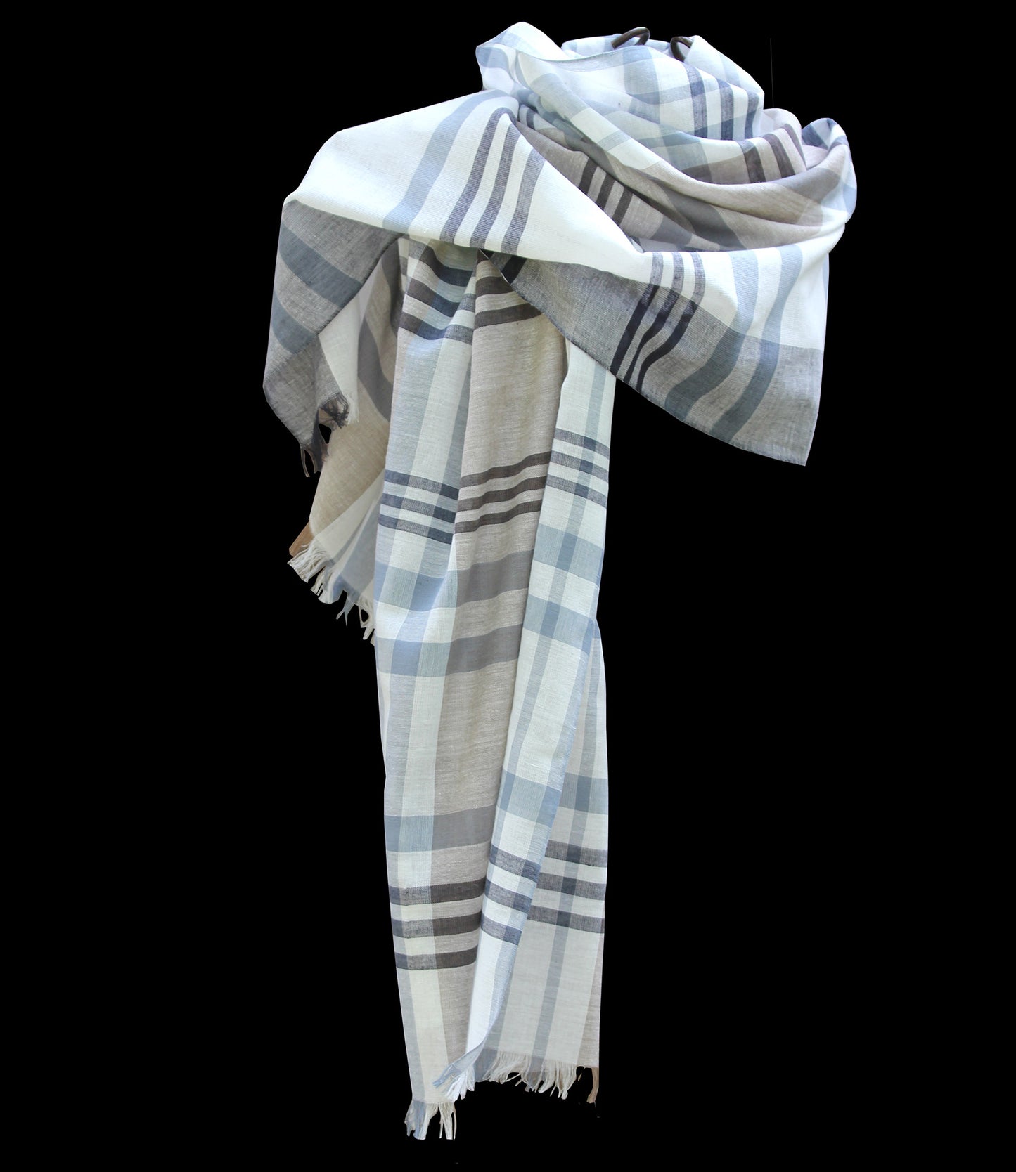 Scarf organic cotton, white with black-grey-brown check