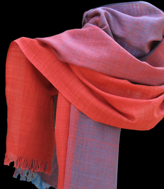 Organic cotton scarf in bright red and aqua blue, ombré effect