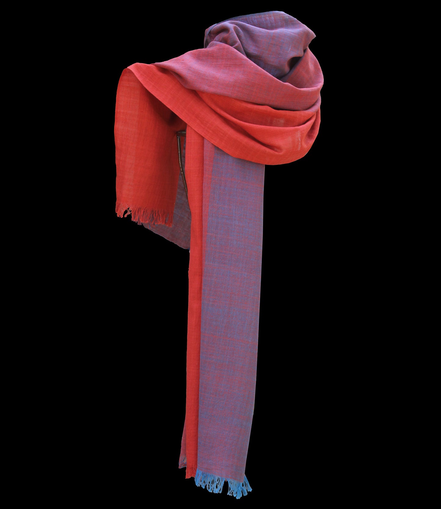 Organic cotton scarf in bright red and aqua blue, ombré effect