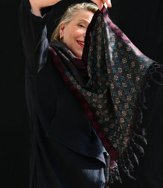 Kantha scarf black matka silk blue-white embroidered