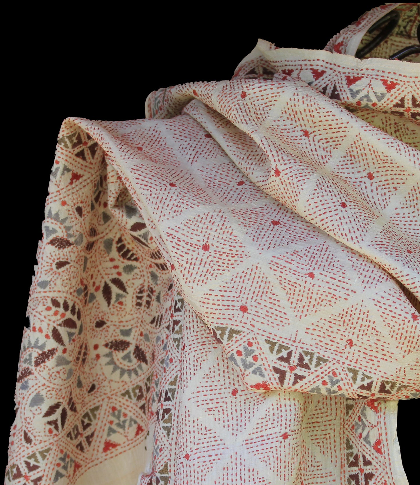Nakshi Kantha scarf Red and Blue Geometry