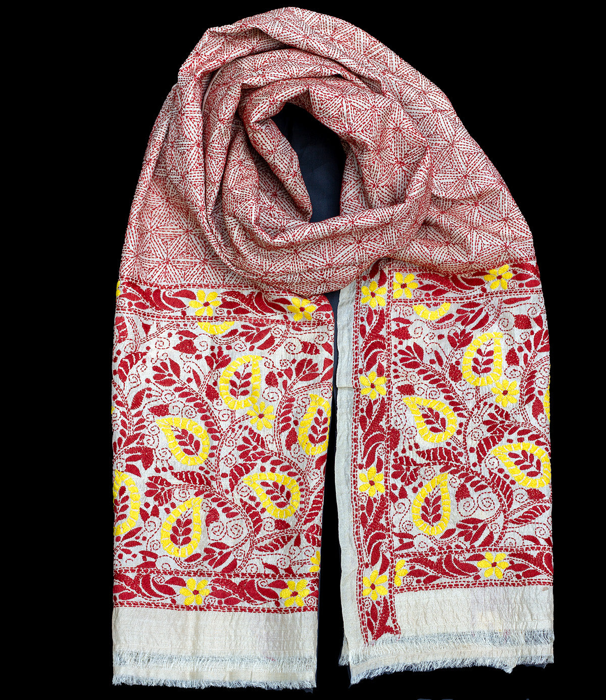 Nakshi Kantha sjaal Roestbruin Oker Paisley motief