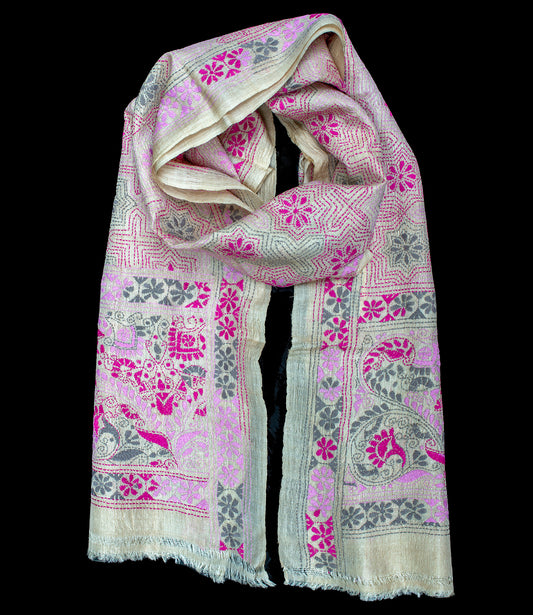 Nakshi Kantha scarf Magenta Geometry