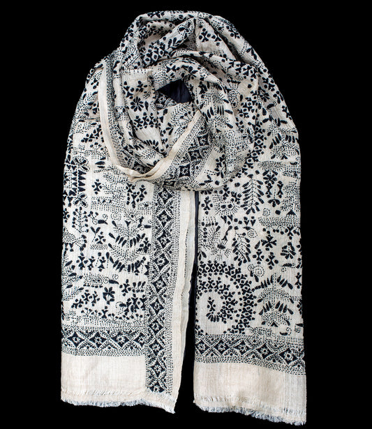 Nakshi Kantha sjaal Zwart Warli