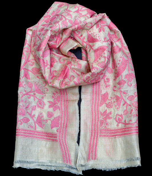 Nakshi Kantha sjaal Lichtroze bloemen