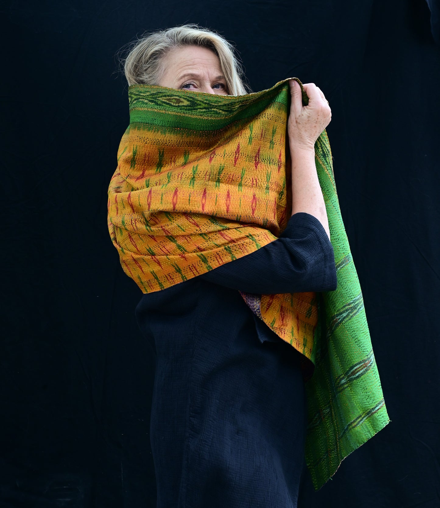 Kantha sjaal hergebruikte zijde oranje-groen