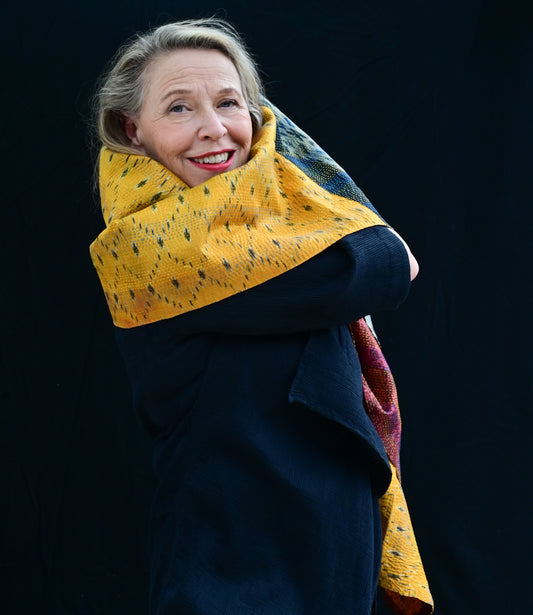 Kantha sjaal hergebruikte zijde geel-blauw-roze