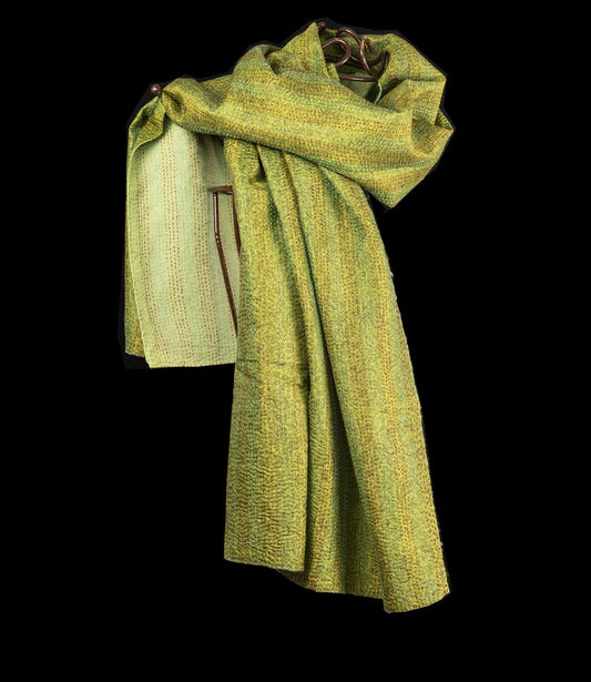 Kantha sjaal groen hergebruikte zijde en pashmina-wol