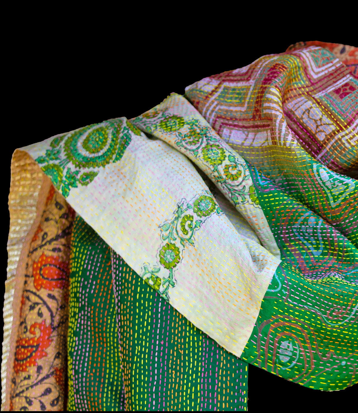 Kantha scarf recycled silk orange-green