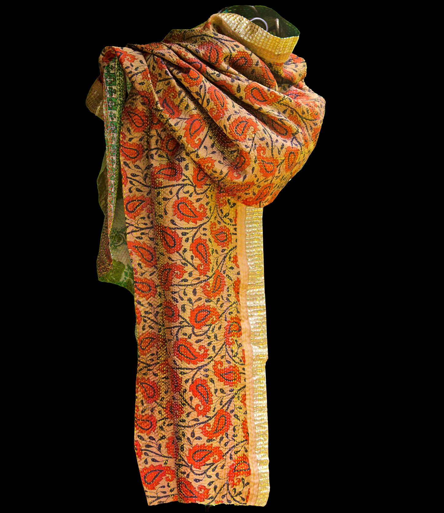 Kantha sjaal hergebruikte zijde groen-oranje