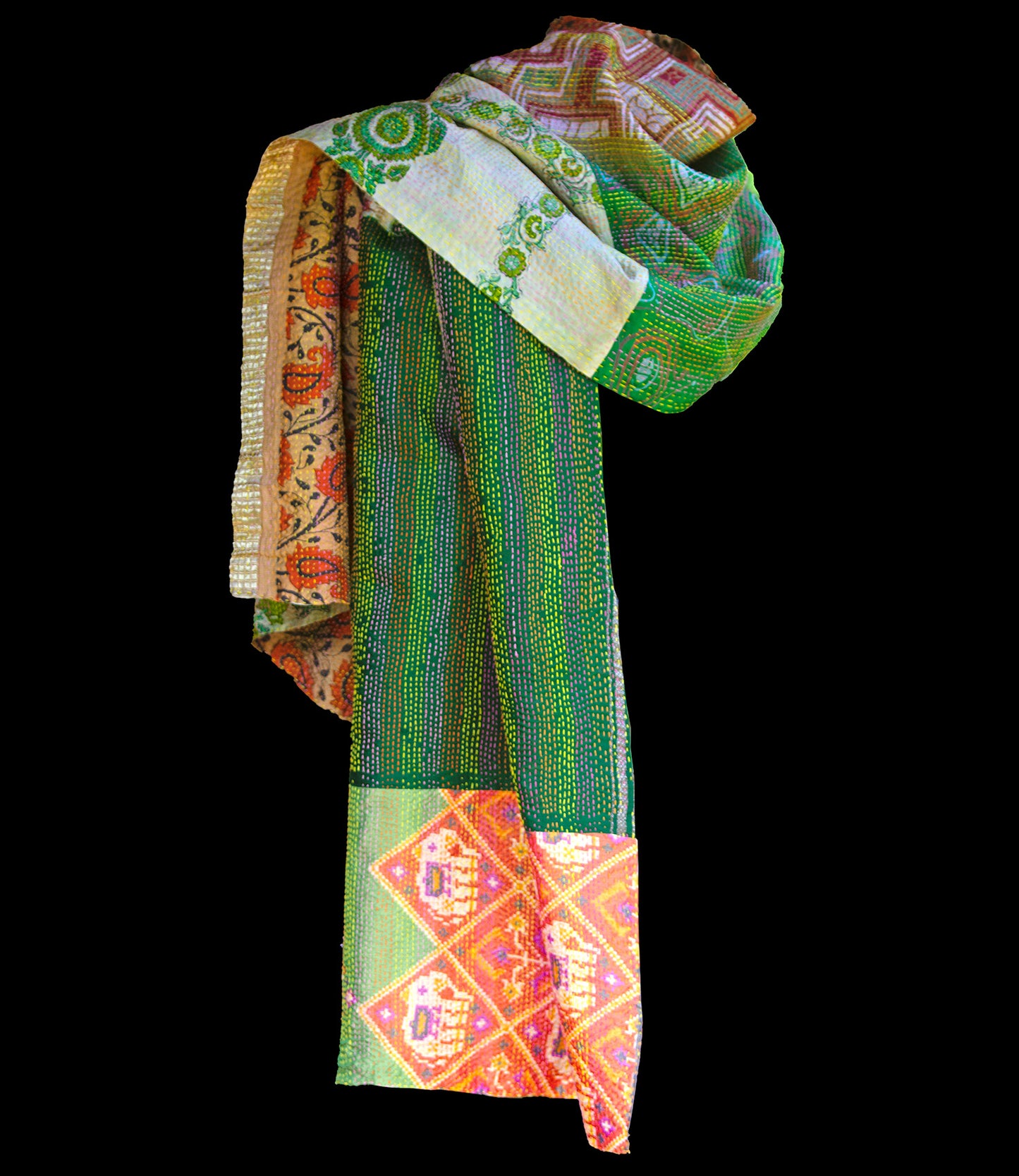 Kantha sjaal hergebruikte zijde groen-oranje