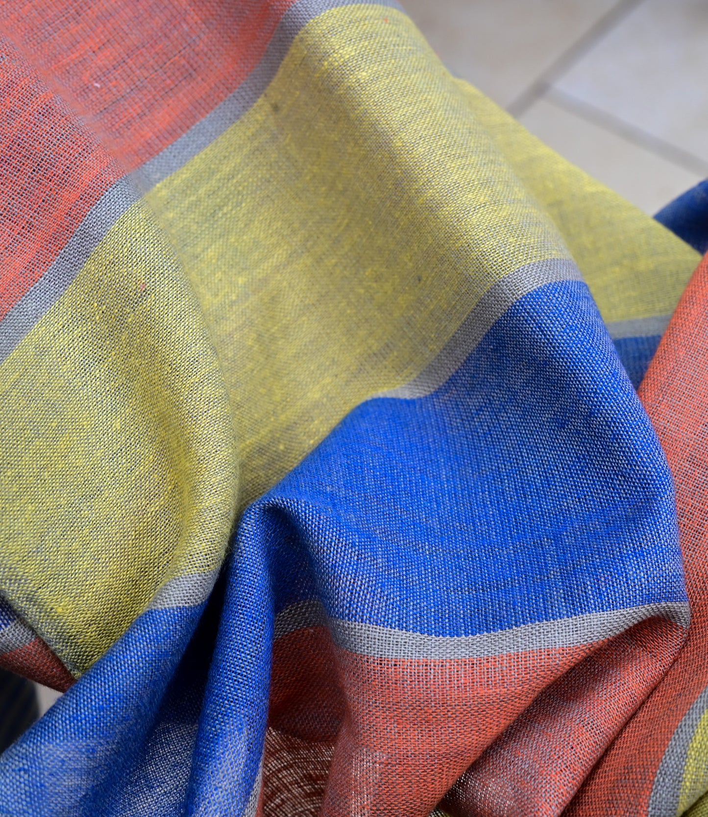 Scarf organic cotton gray blue with orange and yellow