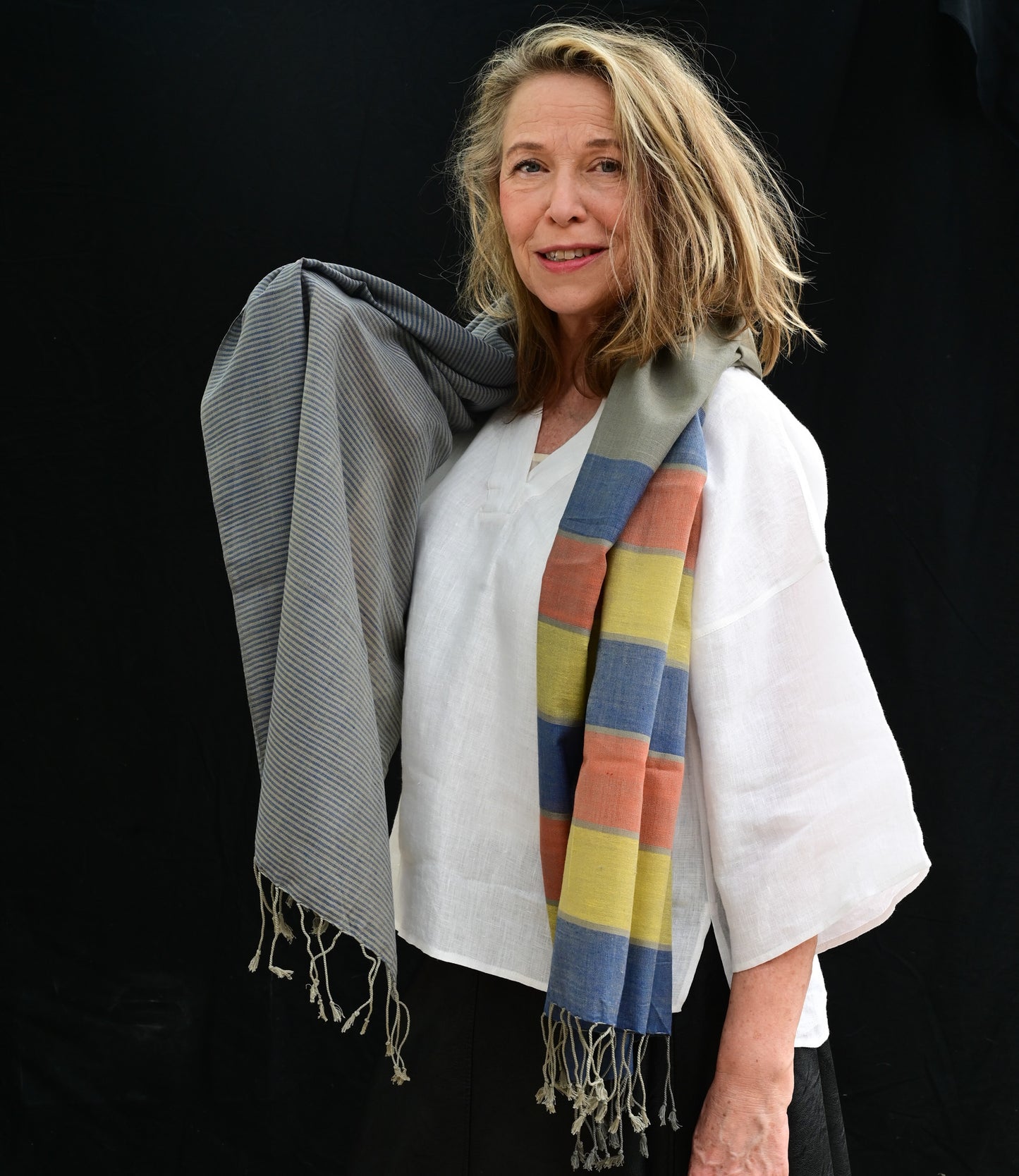 Scarf organic cotton gray blue with orange and yellow
