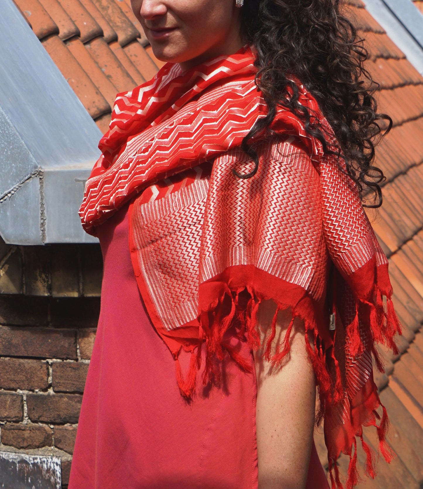 Bright red silk scarf with woven gold thread