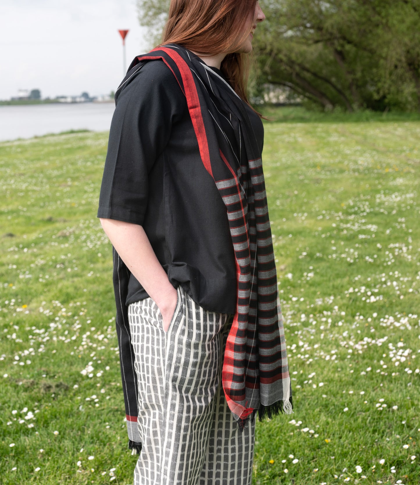 Cotton scarf black red-white checkered