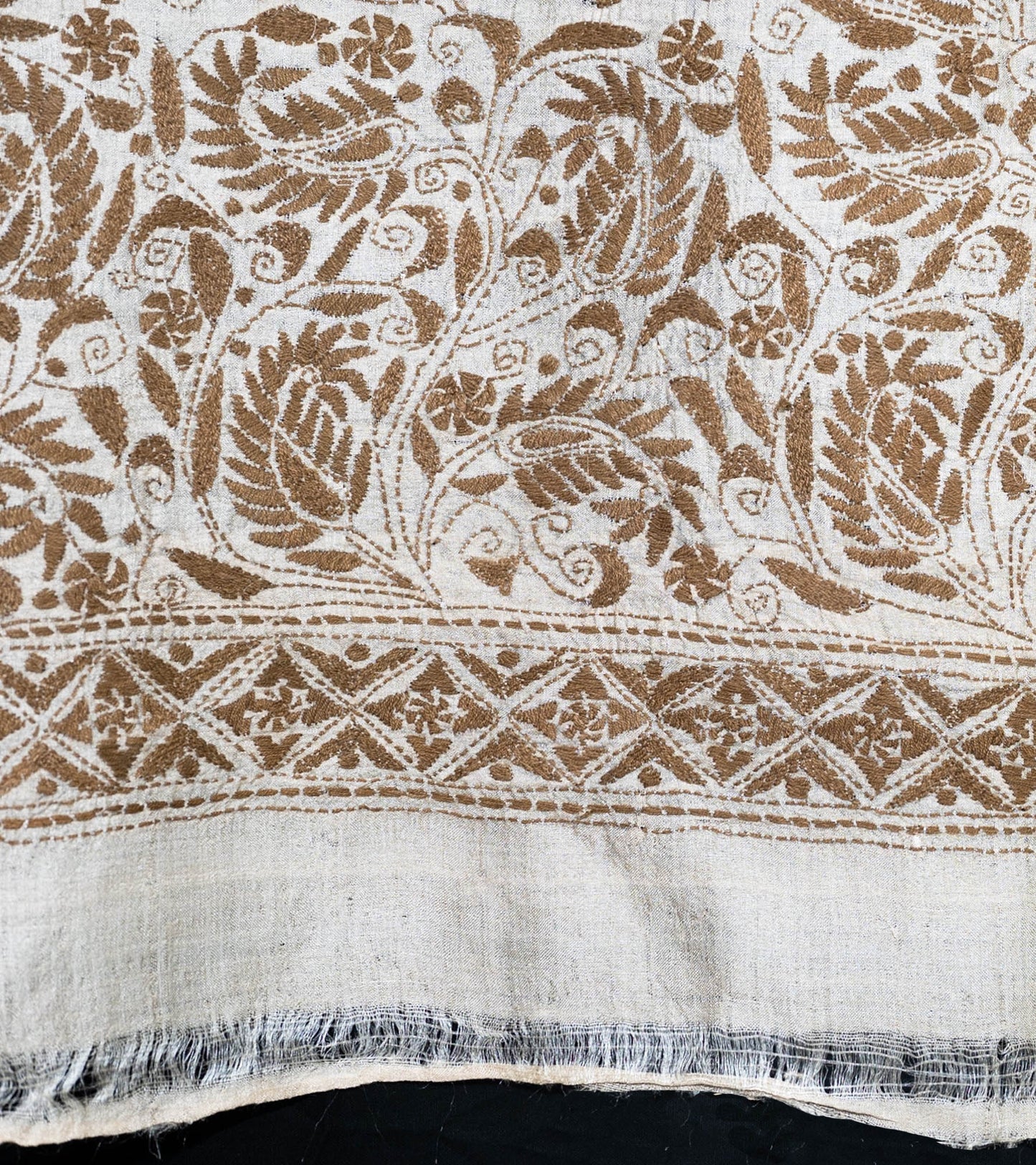 Nakshi kantha grote sjaal groenbruin borduurwerk op wilde zijde