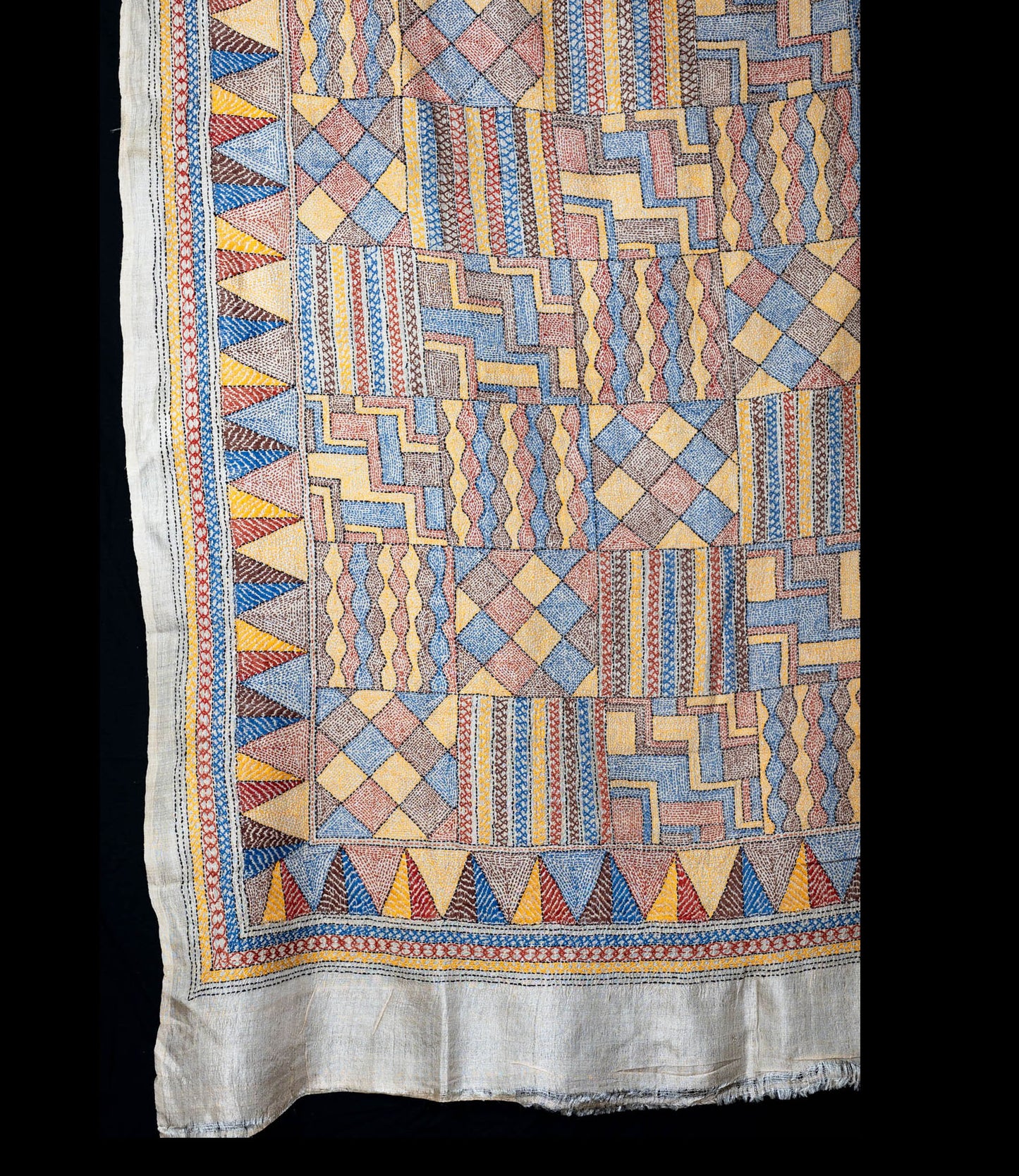 Large scarf Nakshi kantha embroidery on wild silk multicolour