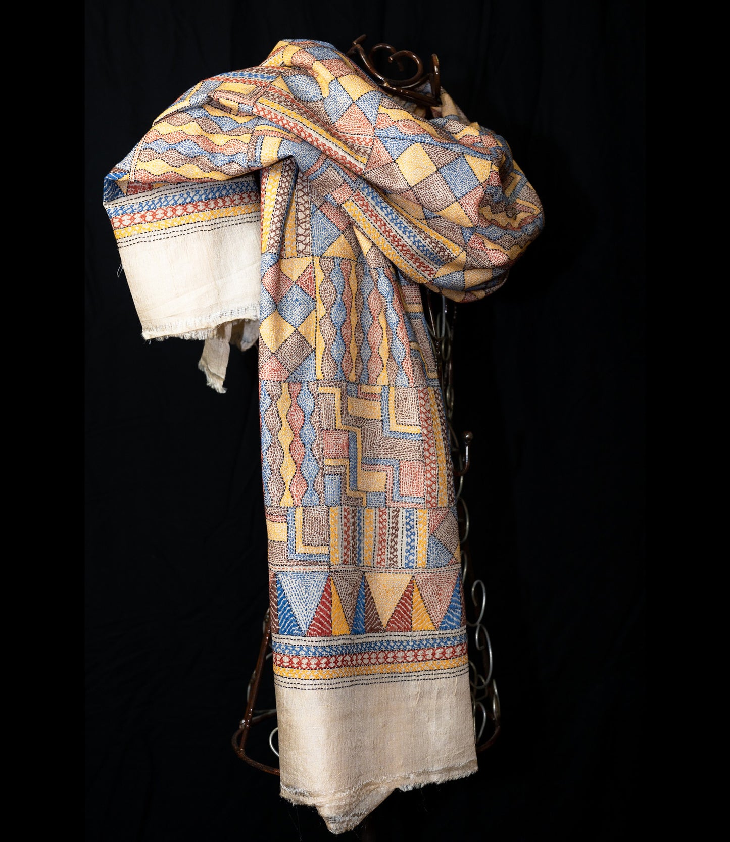 Large scarf Nakshi kantha embroidery on wild silk multicolour