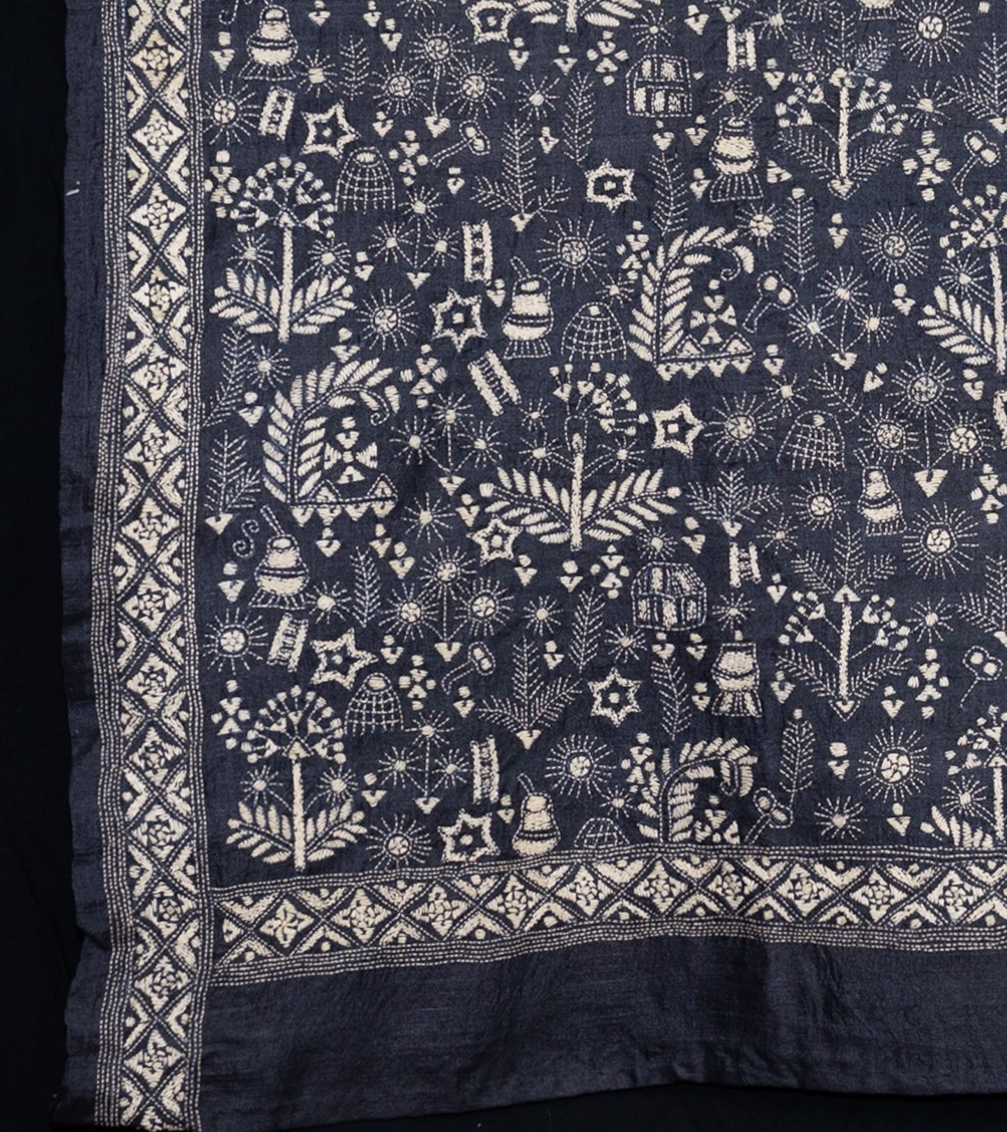 Nakshi Kantha shawl wild silk dark blue