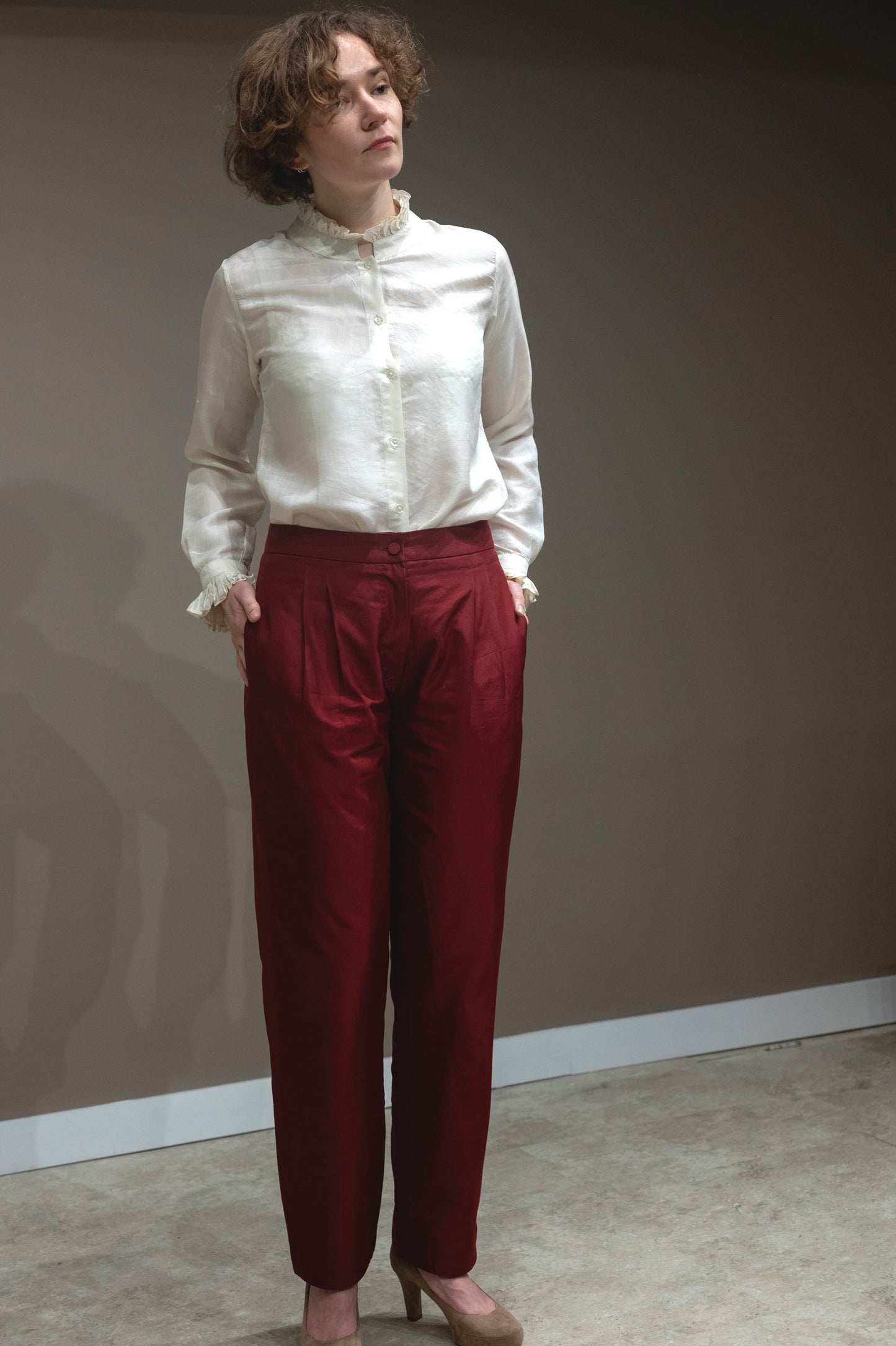 Red silk trousers, lined